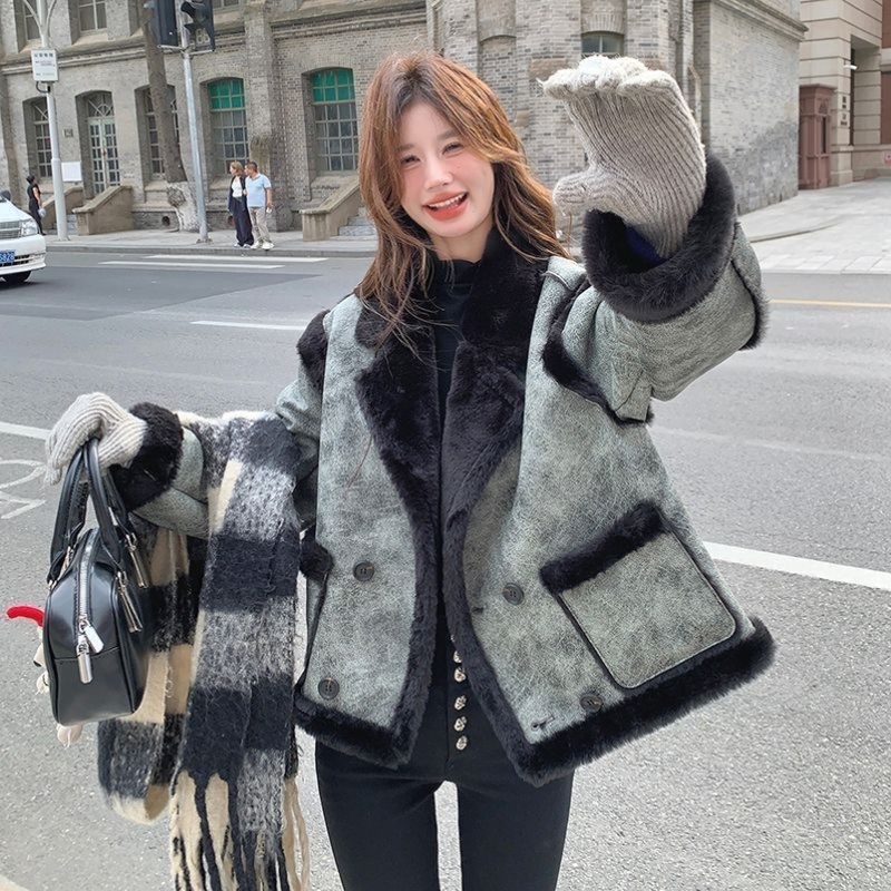 新款羊羔毛外套女秋冬季加厚晕染皮毛一体棉服机车服韩系百搭显瘦