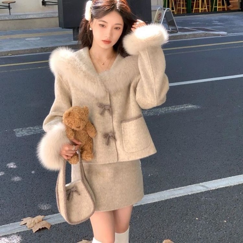 气质轻奢千金优雅毛毛香风呢子外套高腰半身裙秋冬新款女装两件套