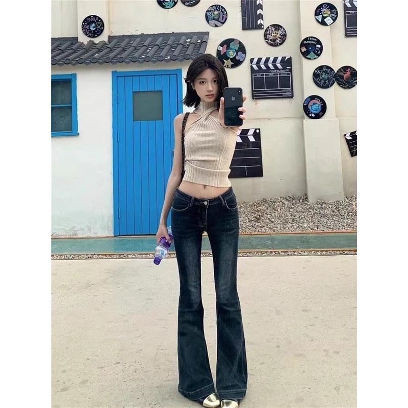 美式复古低腰微喇叭牛仔裤女修身弹力显瘦辣妹高个子加长拖地裤子