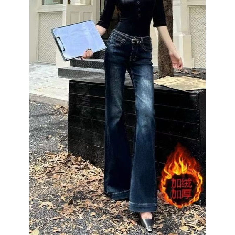 复古加绒微喇牛仔裤女秋冬新款高腰显瘦小个子美式不贴腿拖地长裤