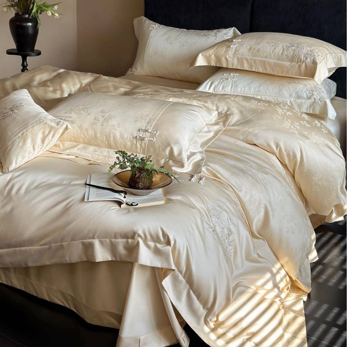 新中式美学超柔天丝棉刺绣床单被罩夏季丝滑双人可裸睡床上四件套
