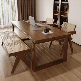 新中式 白蜡木莫RAT比恩 长实木餐书形桌一体客桌厅家用原木方日式