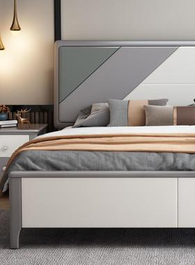 灰色实木床搭系色列现代简约1.米1MIL.8m室板木结合经5济型卧双人
