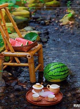 茶靠背竹ROT椅围背炉茶几庭院椅煮茶竹凳竹餐背椅桌几户罐竹靠椅