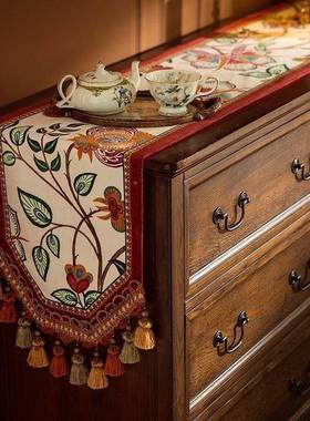 美式复欧古红色喜围感桌旗床旗式轻奢ISN氛电视柜餐边柜庆长条装