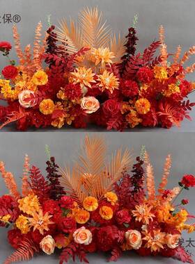 新款婚庆婚花GCZ礼堂地排路引盆花角花艺中式迎花宾红色花假橱麦