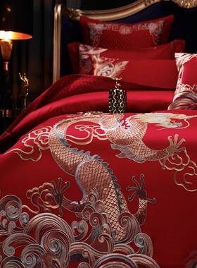 刺绣婚棉庆棉大红色四0件套20s贡缎全长绒VOR结婚高档六件套床上