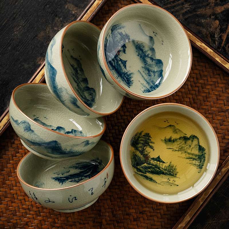 老陶泥普洱杯手绘青花压手杯山水品茗杯千里江山主人杯高端送礼