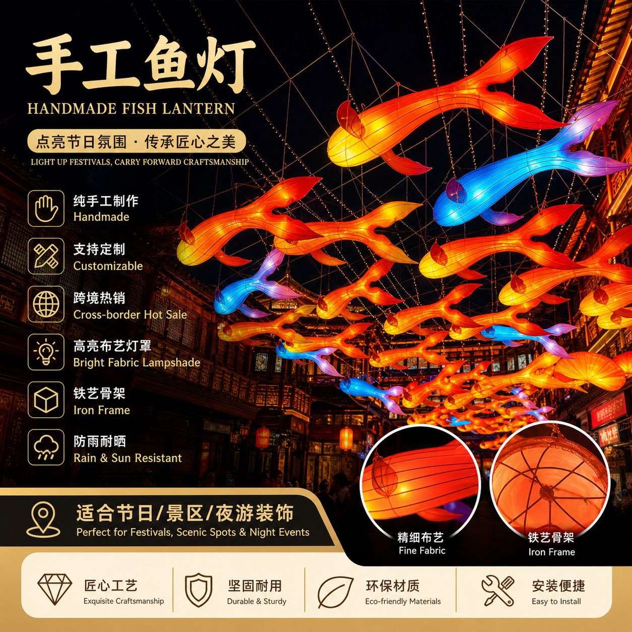 豫园网红花彩鱼灯 锦鲤鱼灯街道夜市 中秋国庆景区花灯古镇装饰