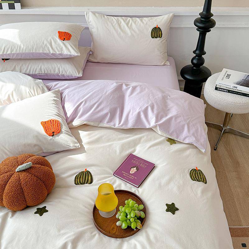 母婴级A类全棉磨毛四季款四件套撞色被套纯棉床单毛巾绣床品宿舍3