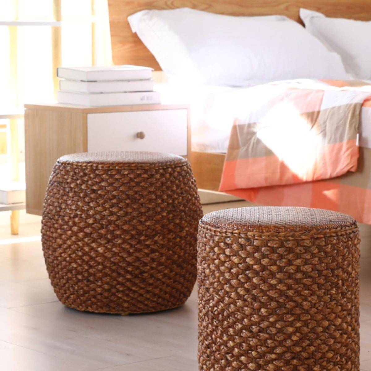 藤中式实木化妆矮草鼓凳家用客厅沙发茶室坐凳圆坐墩古筝琴备用凳