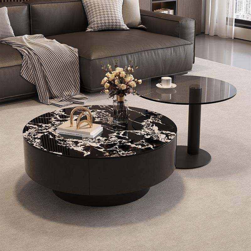 意式轻奢风玻璃圆形茶几组合家用客厅小户型现代新款高级茶桌简约