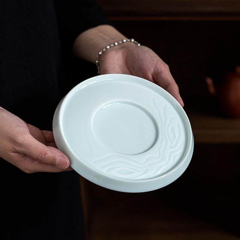 湖田窑影青手工浮雕祥云壶承家用盖碗底托茶壶托中式干泡盘泡茶盘