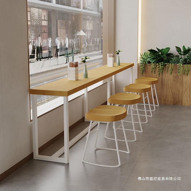 简约实木便利店超市餐桌椅组合原木风小吃餐厅白色靠墙长条吧台桌