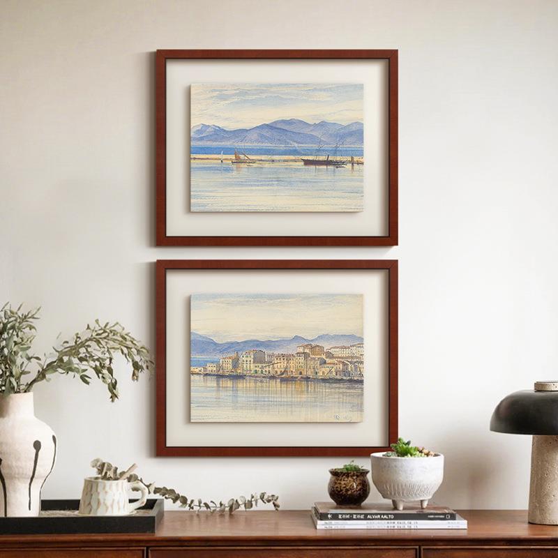 镜海》蓝色水彩风景画南法风复古艺术客厅装饰画法式餐厅玄关挂画