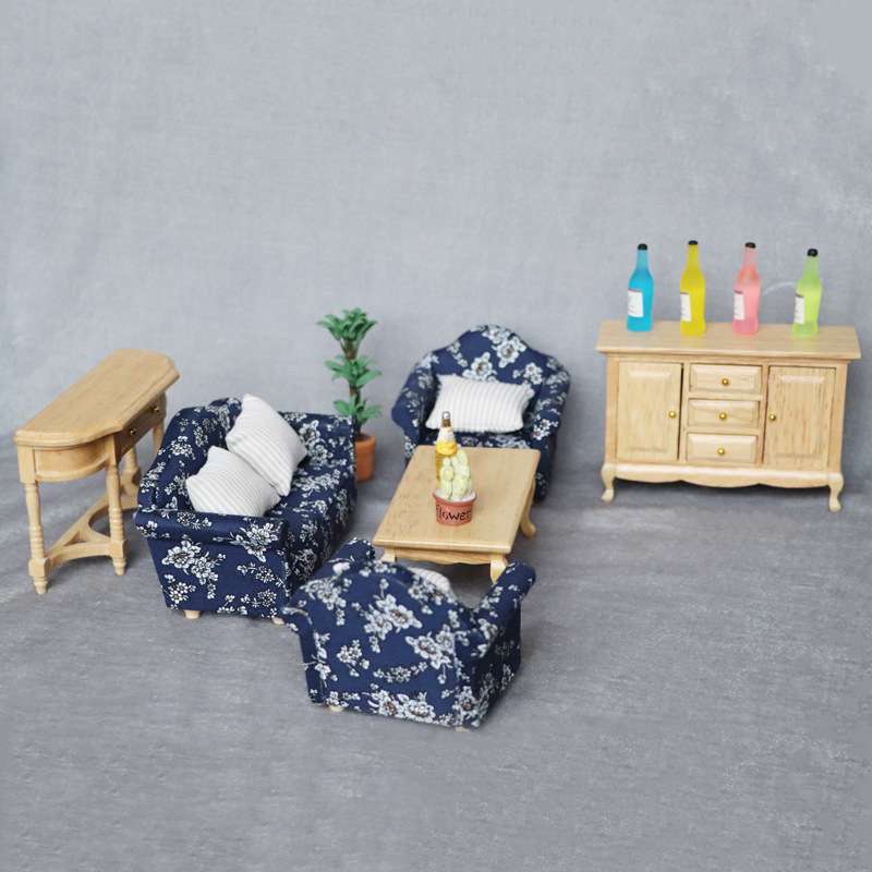 1:12娃娃屋dollhouse迷你家具客厅微场景实木模型沙发6件套装ob11