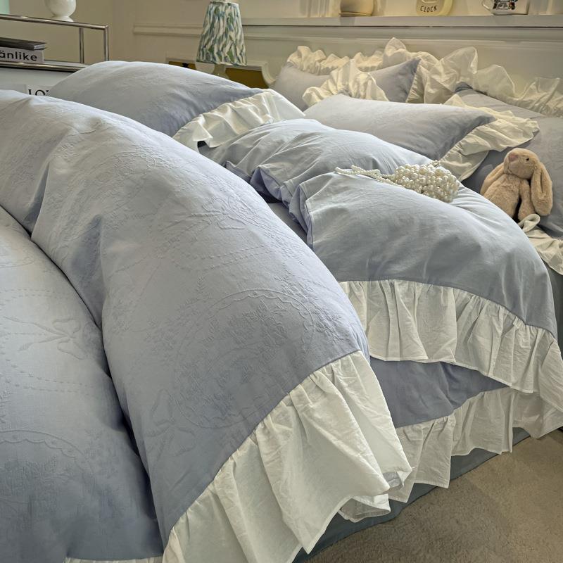 公主风荷叶边全棉水洗棉四件套少女心花边小清新蓝色被套双人床单