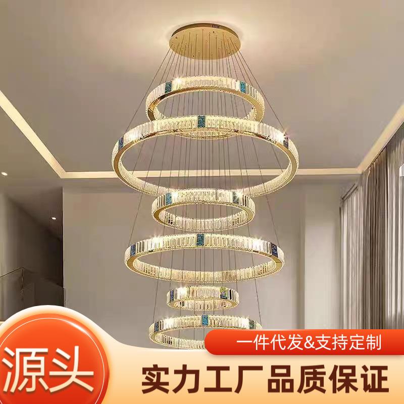 复式楼客厅大吊灯楼中楼现代简约贝壳灯2024年新款水晶复式楼梯灯