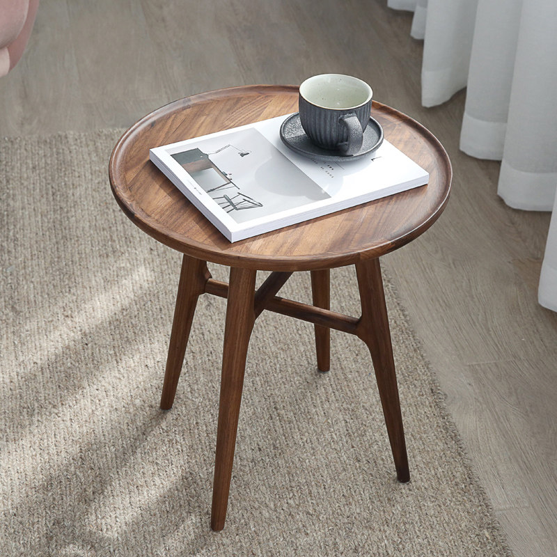 合家实木边几现代简约小圆几沙发边桌黑胡桃木休闲茶几木质小圆桌