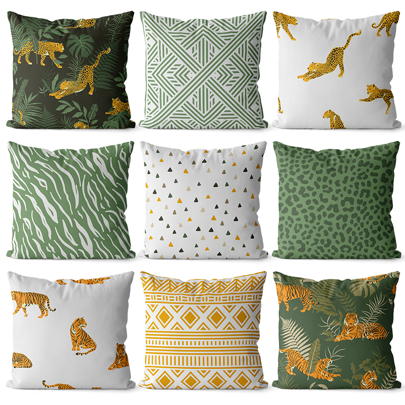 热带丛林老虎几何图案绒布双面沙发靠垫床头大靠背车载腰枕靠枕套