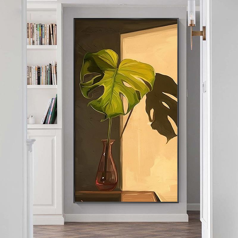 现竖代简约玄装饰画版轻关奢客厅JLH挂植物花朵画新中式走廊过道