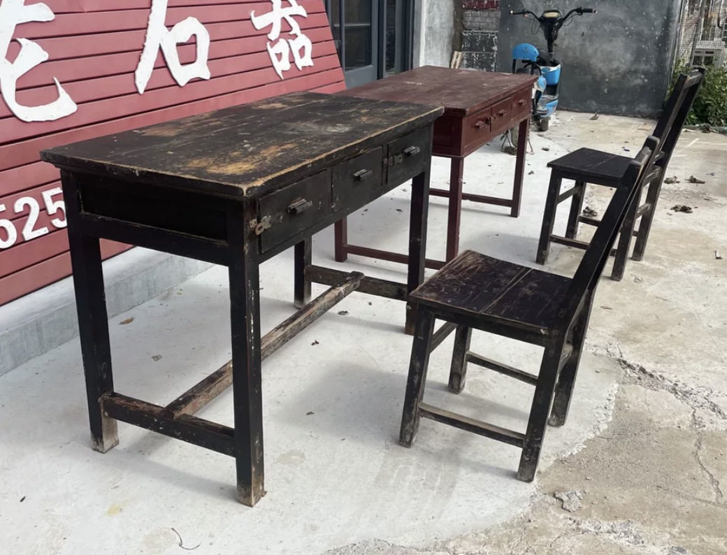 复古怀旧实木竹编办公桌椅