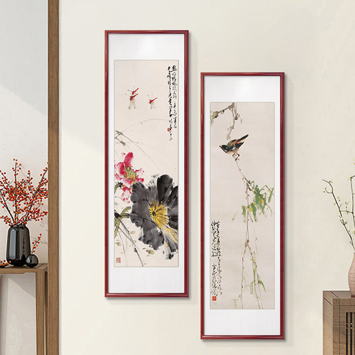 赵少昂花鸟窄长条新中式玄关装饰画竖版走廊过道壁画茶室书房挂画