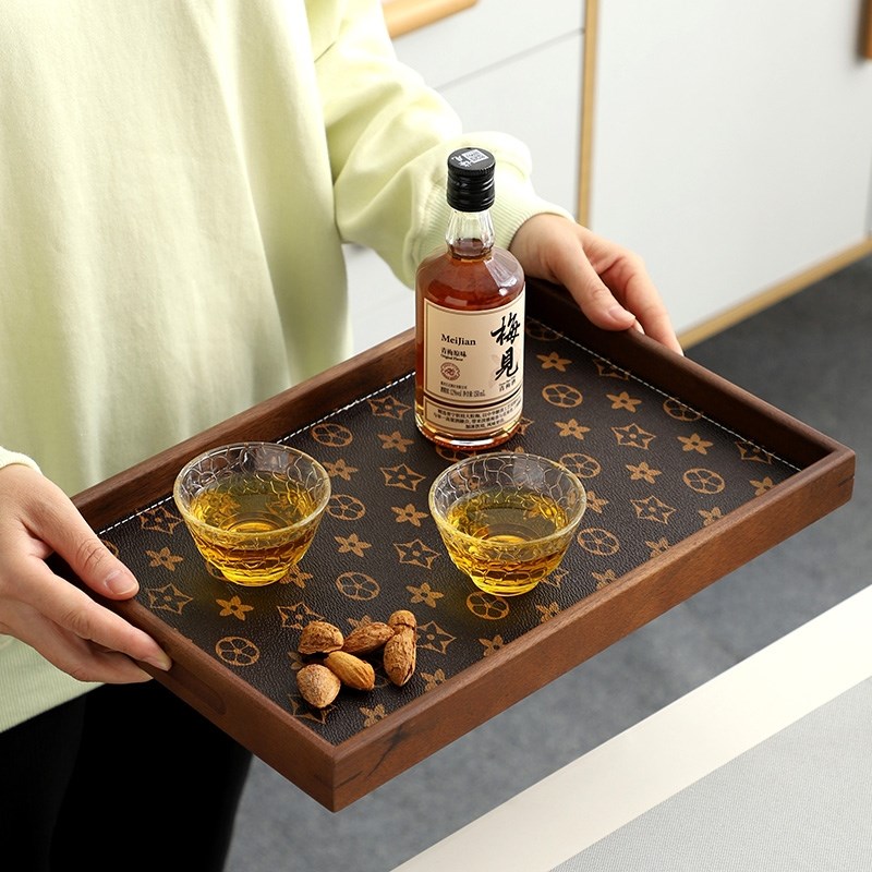 高档胡桃木皮革五角星长方形托盘轻奢实木收纳盘酒杯茶装饰品摆件