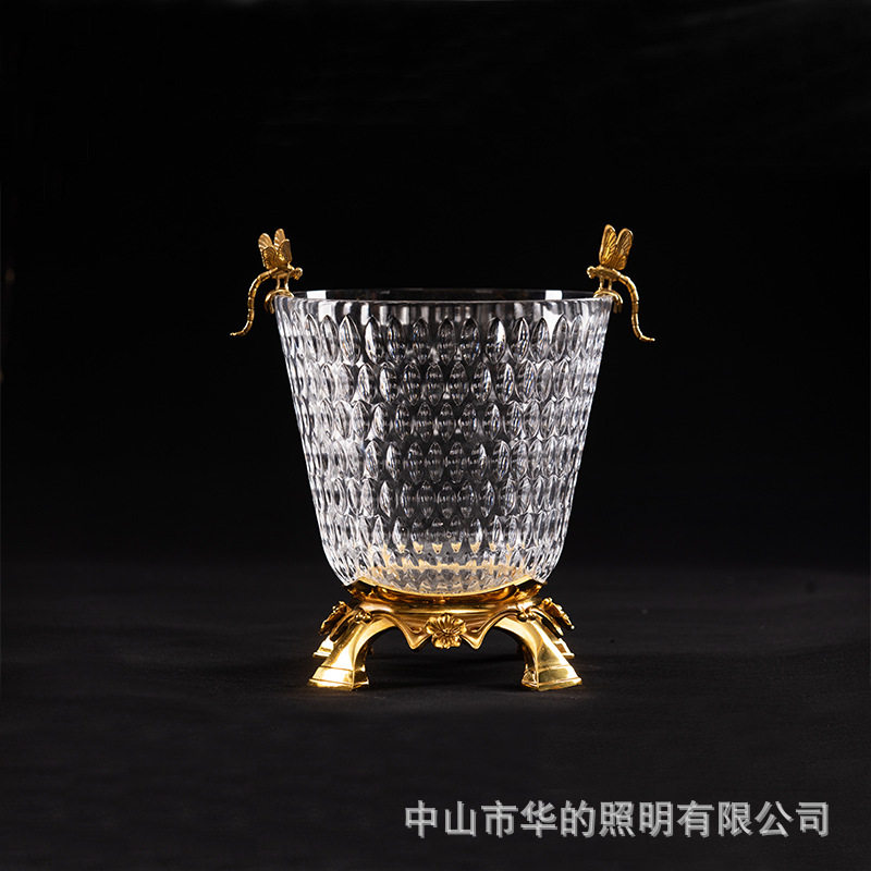 欧式高档奢华客厅茶几酒桶法式水晶玻璃镶铜轻奢手工艺果盘摆件