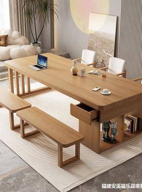 实条客厅长书桌书柜一体家用办公学习桌带抽屉写字长桌木大SOB工