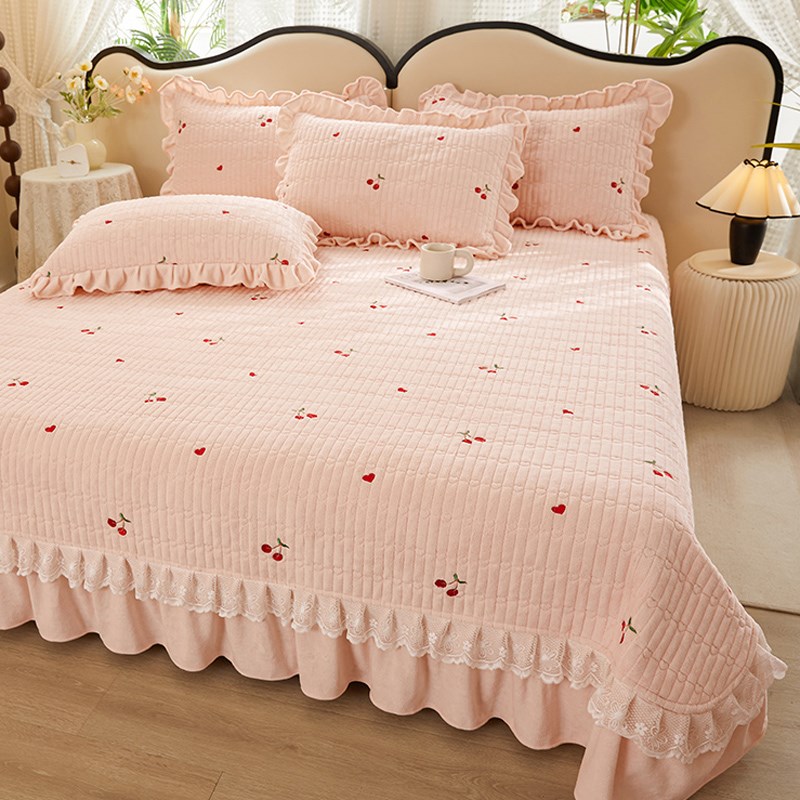 高端刺绣床盖三件柔软亲肤加绒加厚珊瑚绒公主风床单单件