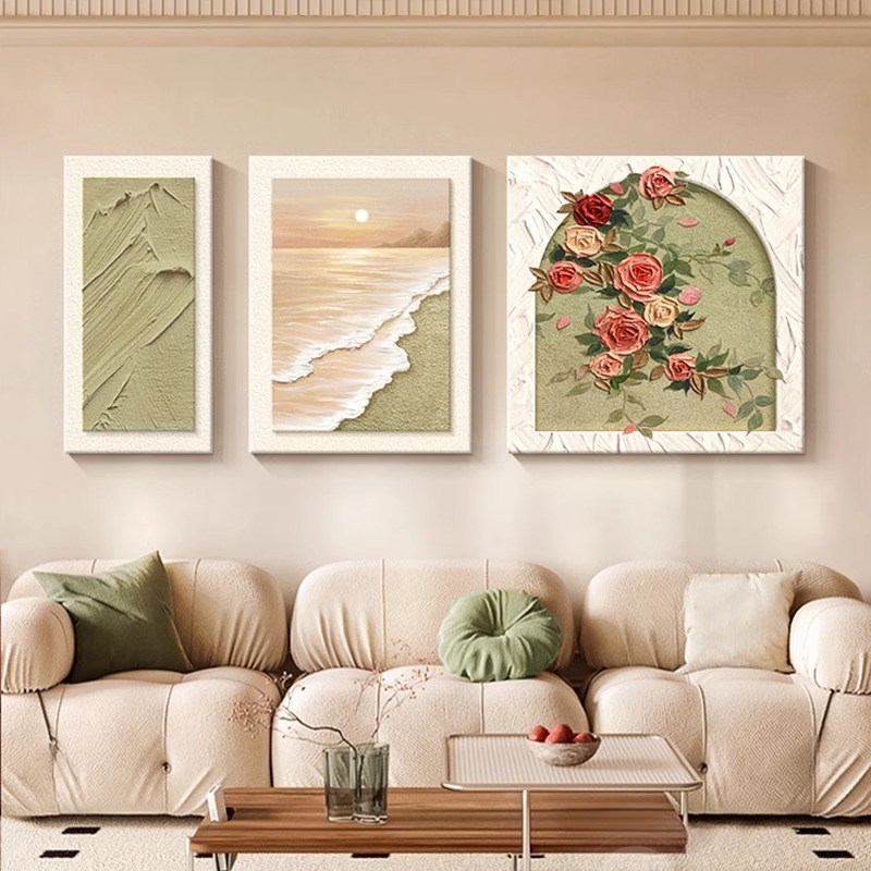 法式奶油风客厅装饰画玫瑰肌理沙发背景墙壁画高级感海景三联挂画
