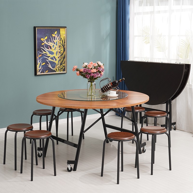 家用折叠桌简约酒店转盘可移动简易圆形餐桌吃饭大圆桌子10人饭桌