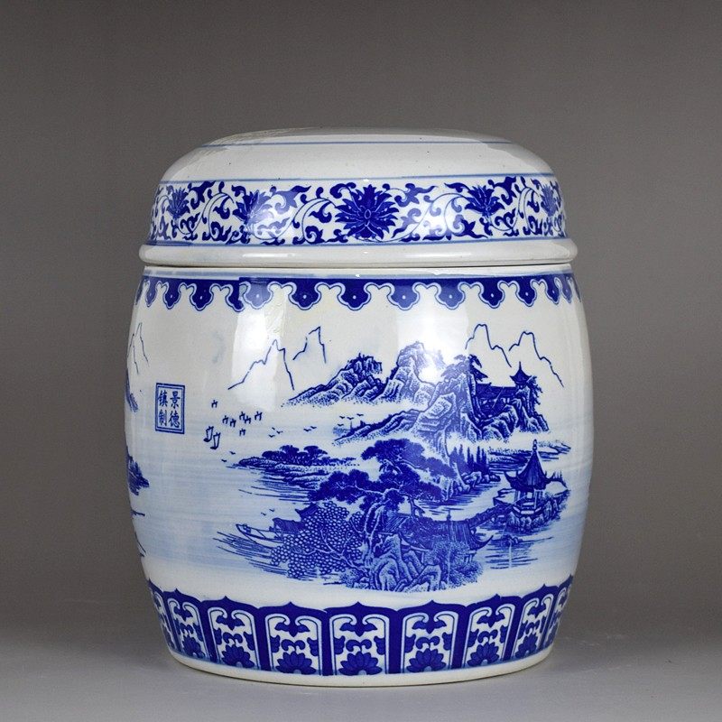 青花龙纹山水图盖带内盖陶瓷骨灰坛骨灰盒收殓罐陶瓷棺材大号