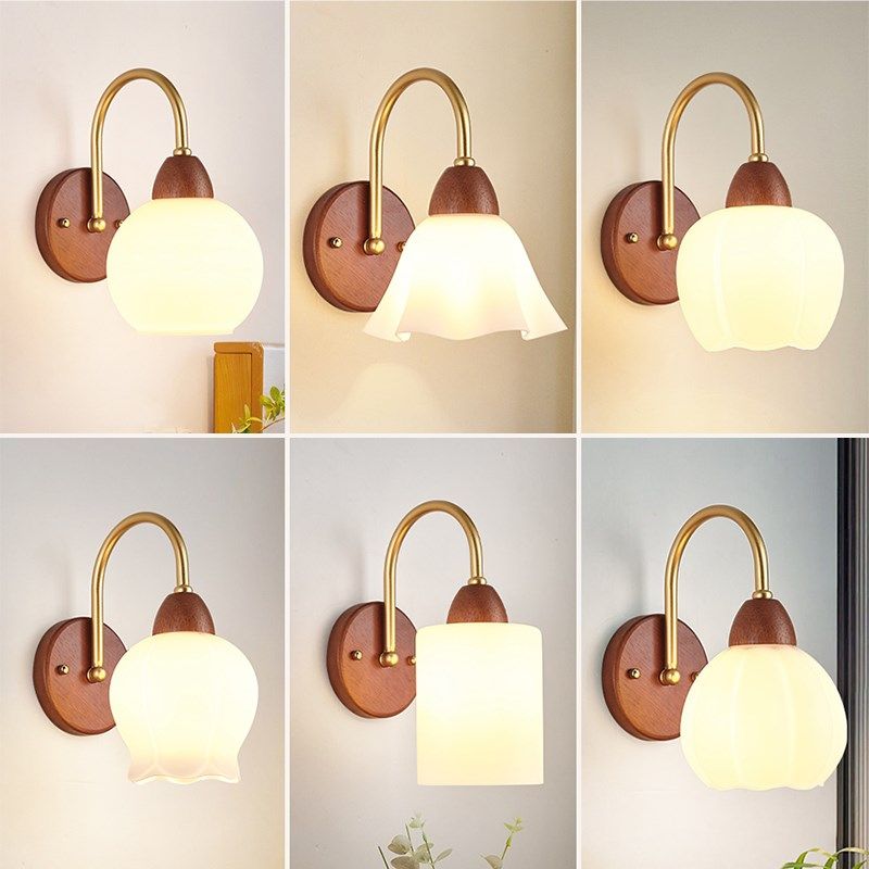 法式田园风木艺壁灯卧室床头灯复古胡桃色客厅背景墙楼梯过道灯具