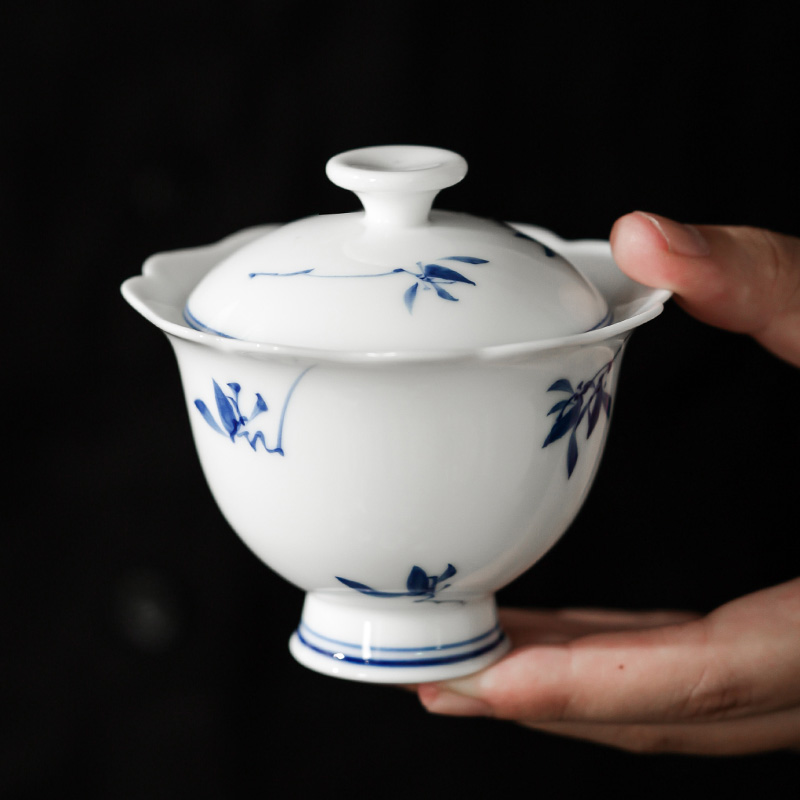 纯手绘蝴蝶兰花边二才盖碗高档单个手抓壶陶瓷家用功夫茶具泡茶碗