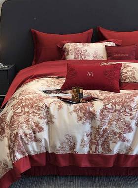 10支全棉绒棉数码印花婚庆四件长套结婚大0红色被CEV纯棉床单床套