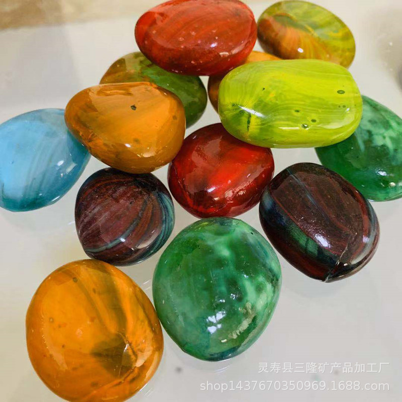 鱼缸装饰花瓶造景仿玻璃鹅卵石雨花石花盆彩色小石子水培五彩石头