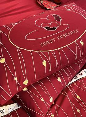 高端全棉长绒件棉婚EXP庆结婚四套棉大红色纯嫁婚陪房新婚礼床上