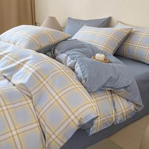 简约格纹床上四件套纯棉2025新款100全棉床单被套三件套床笠床品4