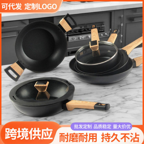 铸铁王加厚无涂层锅玻璃盖铸铁锅可定。制打标36cm家用木柄双耳炒