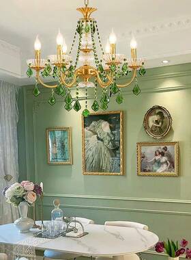 法式厅水晶园吊灯30293轻奢卧室餐厅铜墨绿色欧式复古蜡田客全铜