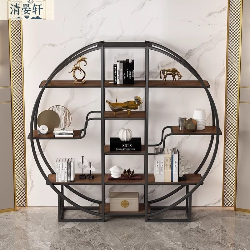 小博古架简约酒架茶具摆件展示架圆形酒放置古玩轻奢风书架置物架