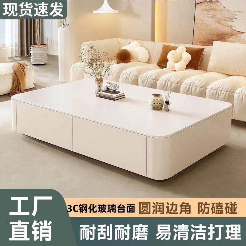 轻PWM奶油风电玻璃茶几视柜组合厅家用客落地小户型奢现代简约奶