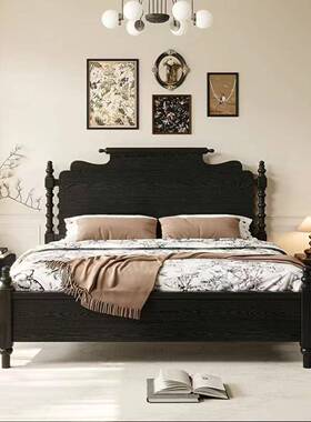 式复古风实木大床双现代简约中古风1法.人8m奢主卧大床主93024卧