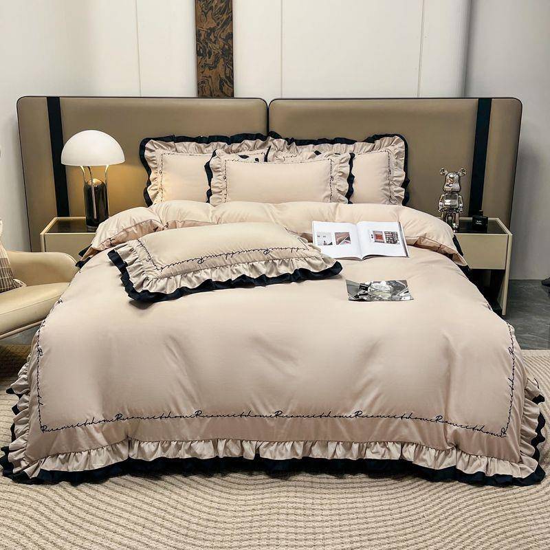 140支高奢法式全棉床上四件套浪漫纯棉双层花边刺绣纯色被套床单