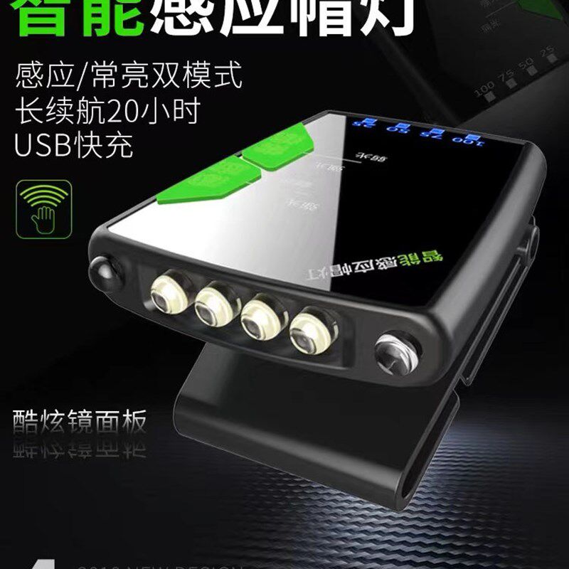 新款感应头灯钓鱼夜钓可充电强光超亮LED夹帽灯帽檐头戴式防水
