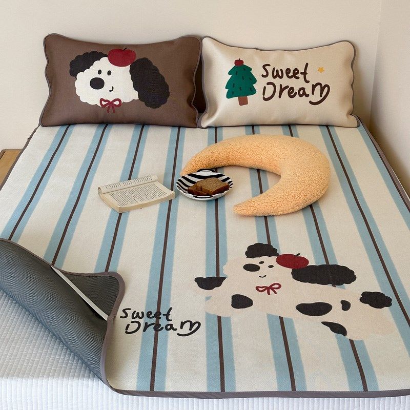 可爱卡通夏季凉感冰丝凉席三件套小清新空调席可水洗折叠软席子