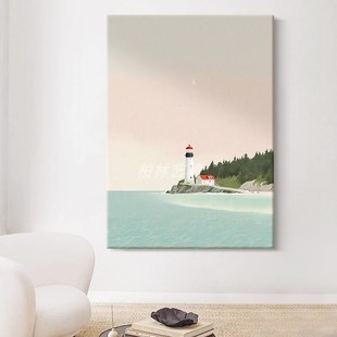 海岛灯塔装饰画玄关抽象大海边风景手绘油画客厅意式极简喷绘挂画