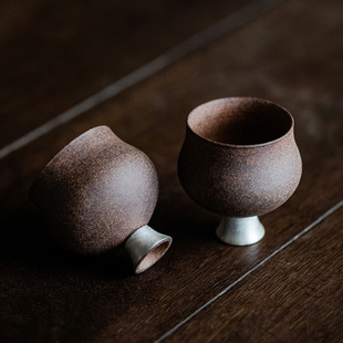 老岩泥纯手工描银茶杯家用创意侘寂风粗陶茶杯高脚杯主人功夫单杯